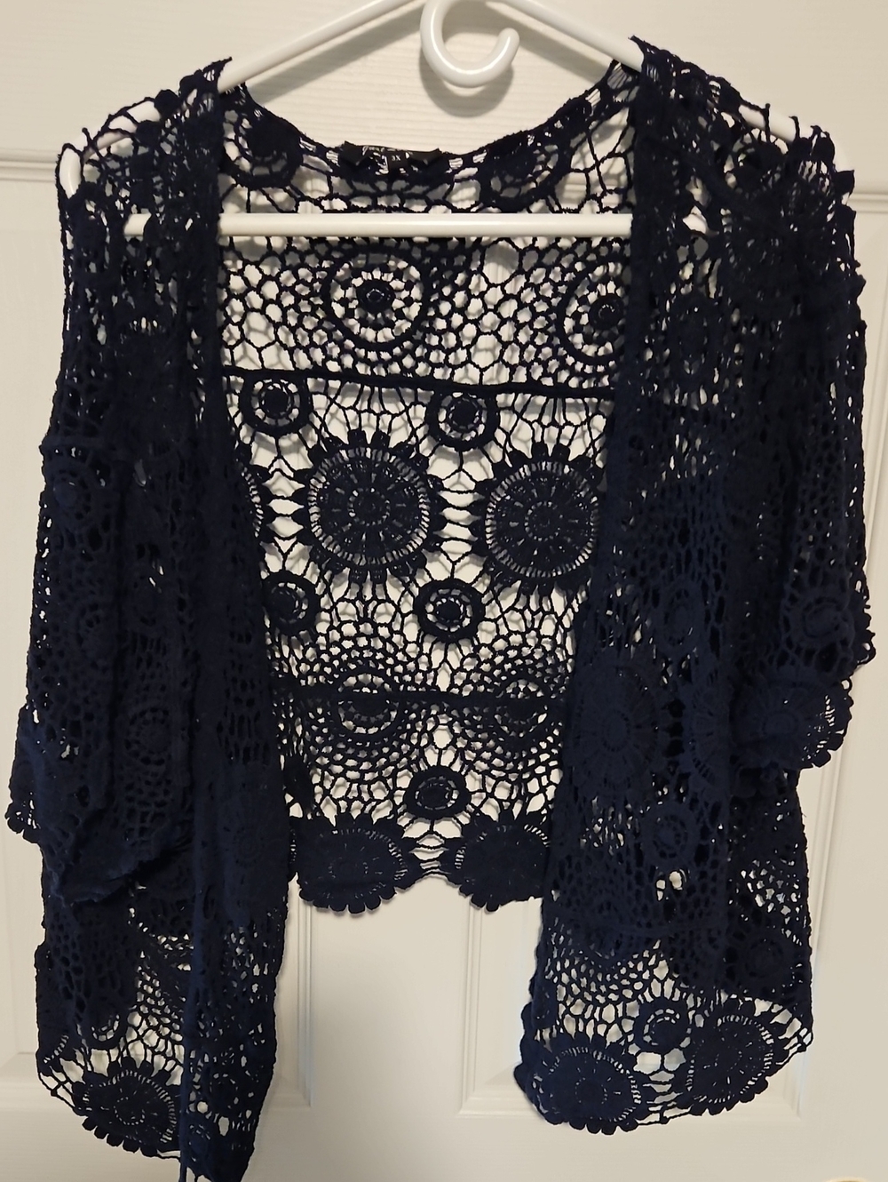 Just Love Navy Crochet Open-Front Lace Cardigan